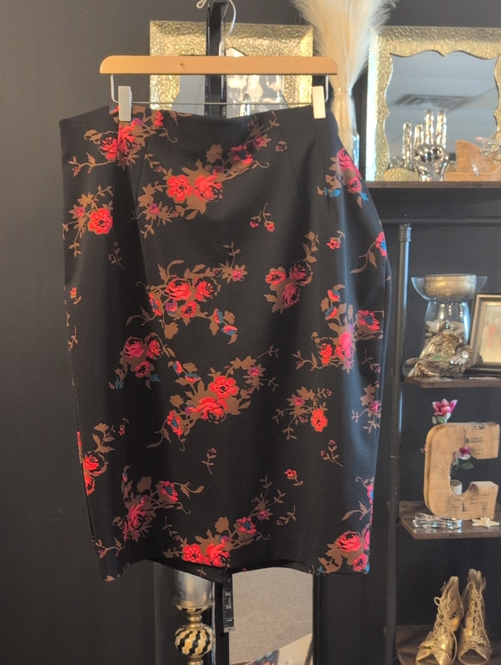 Lane Bryant Black Pencil Skirt with Red Floral Print